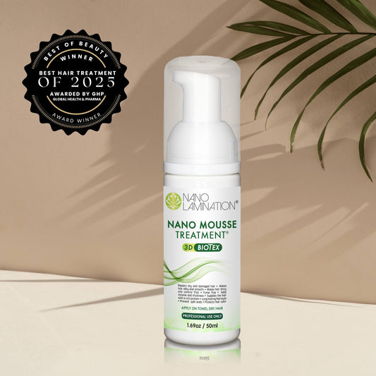 Nano Mousse Treatment bottle with Best Hair Treatment of 2025 GHP award badge on beige background with palm shadow.
