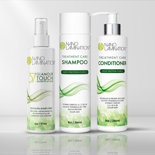 Nano Lamination Treatment Care Trio with shampoo conditioner and Glamour Touch leave-in