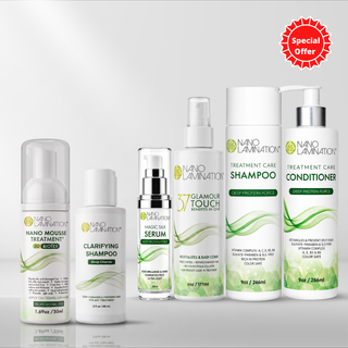 Complete Frizz-Free Hair Routine Kit by Nano Lamination with Nano Mousse, shampoo, conditioner, Glamour Touch and serum